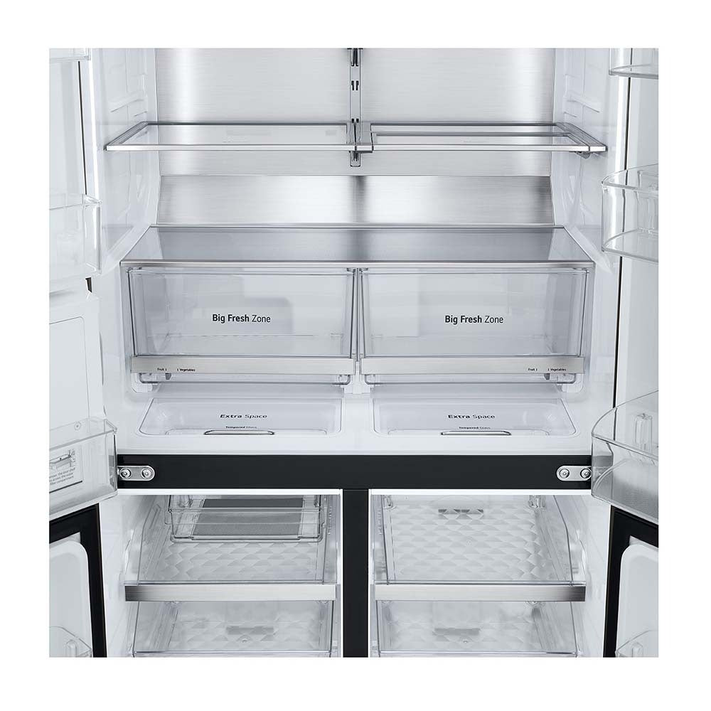 LG 638L Door in Door French Door Fridge Black Steel GF-D700BSLC, Glass shelf and vegetable crisper drawer view 