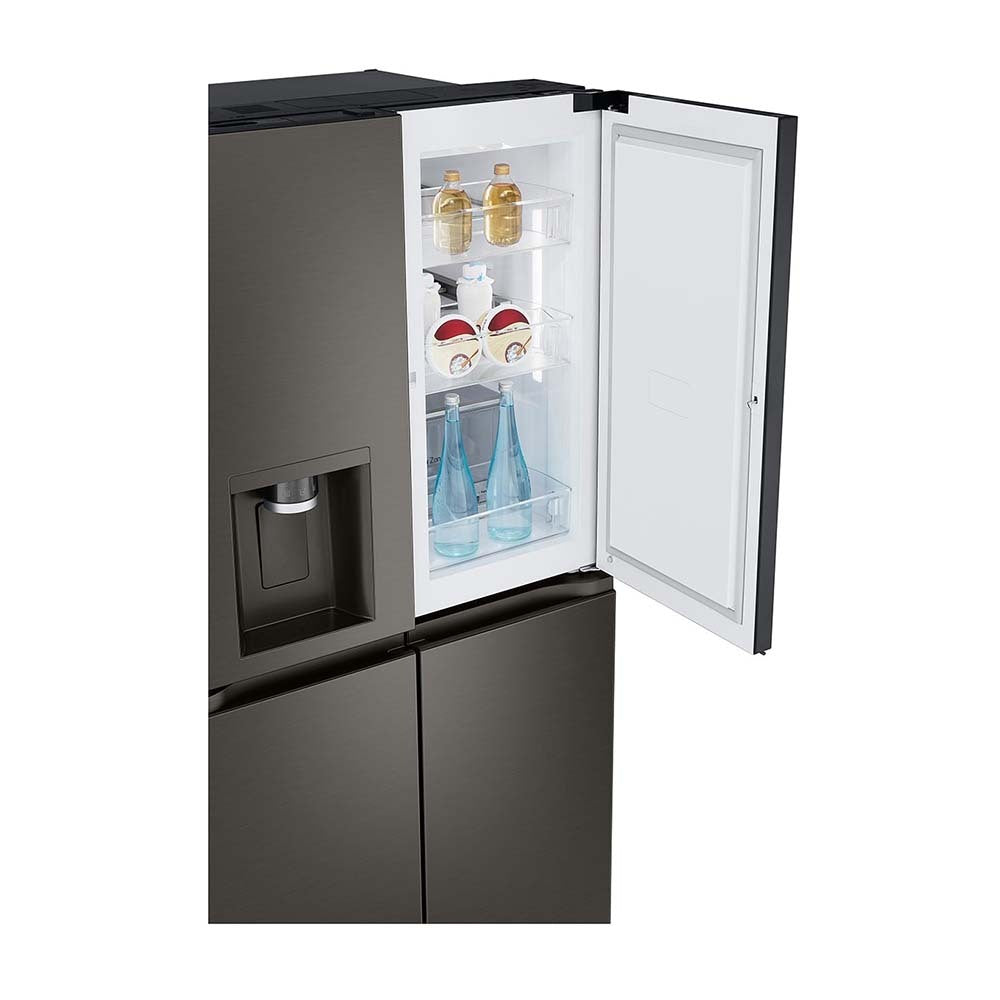 LG 638L Door in Door French Door Fridge Black Steel GF-D700BSLC, Front view with top single door open full of bottles