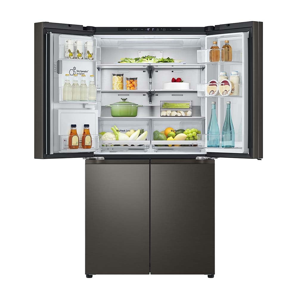 LG 638L Door in Door French Door Fridge Black Steel GF-D700BSLC, Front view with top 2 door open, a view full of groceries, food and bottles