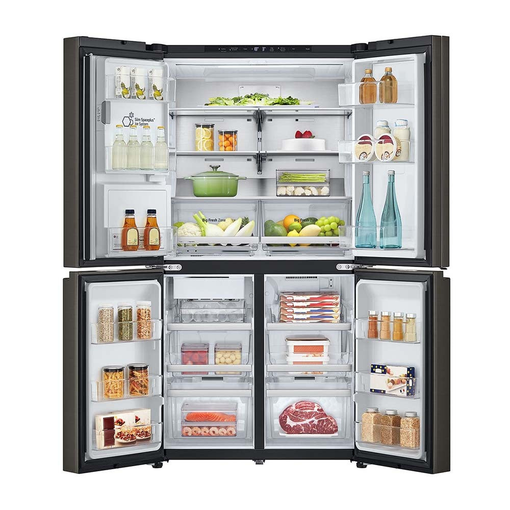 LG 638L Door in Door French Door Fridge Black Steel GF-D700BSLC, Front view with open door, a view full of groceries, food and bottles