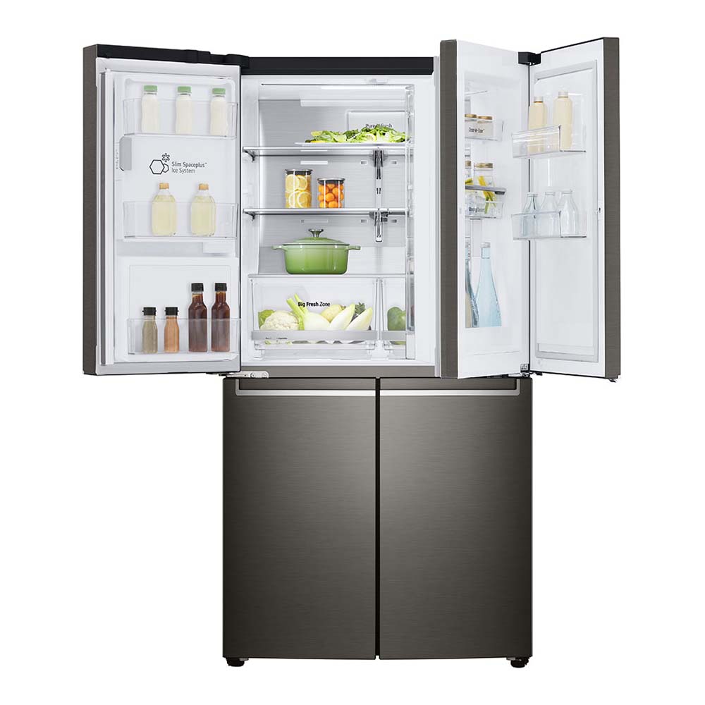 LG 637L French Door Fridge Black Steel GF-D706BSL, Front view with top two open door, a view full of groceries, food and bottles