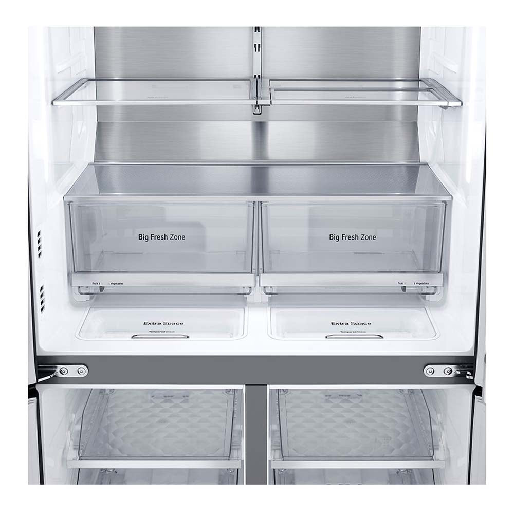 LG 637L French Door Fridge Black Steel GF-D706BSL, Glass shelf and vegetable crisper drawer view 