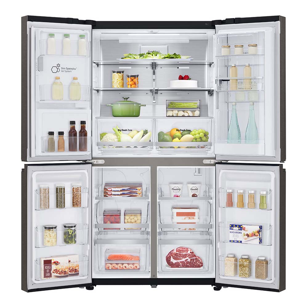 LG 637L French Door Fridge Black Steel GF-D706BSL, Front view with open door, a view full of groceries, food and bottles