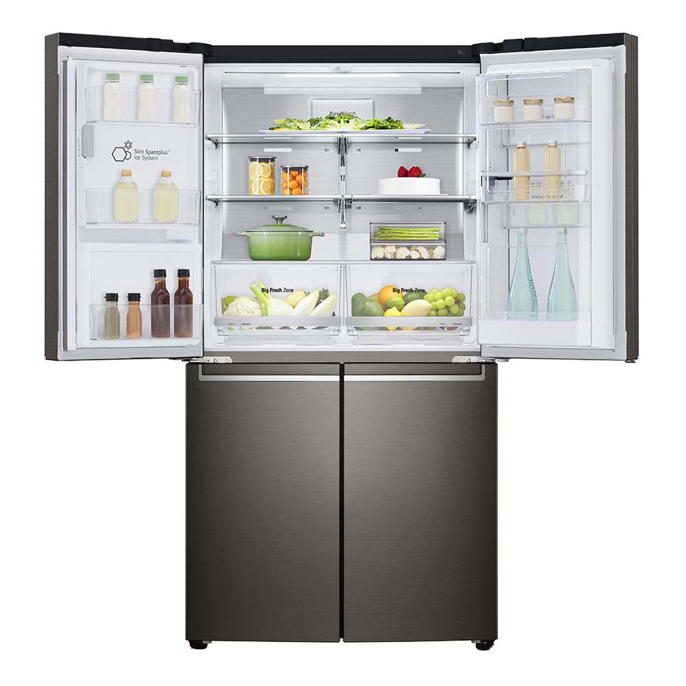 LG 637L French Door Fridge Black Steel GF-D706BSL, Front view with top two open door, a view full of groceries, food and bottles