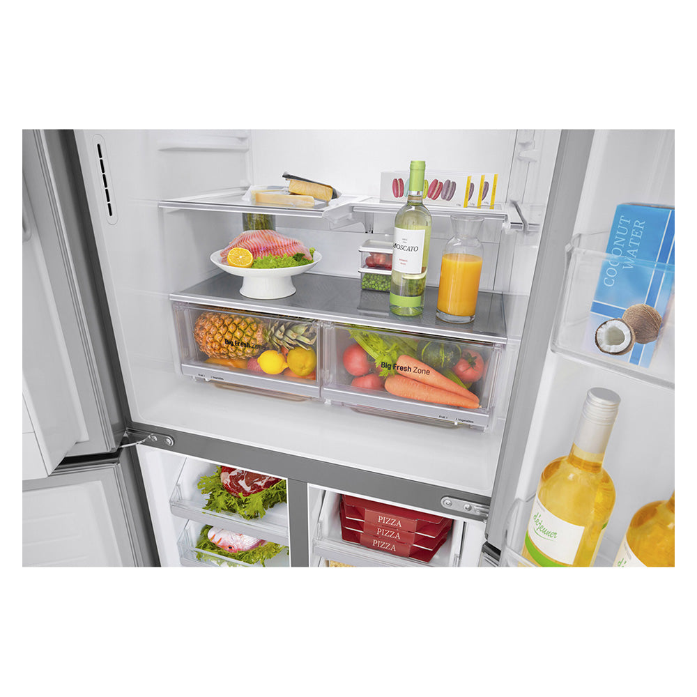 LG 506L Slim Stainless-Steel French Door Refrigerator GF-L570PL, Glass shelf and vegetable crisper drawer view, a view full of groceries, and bottles