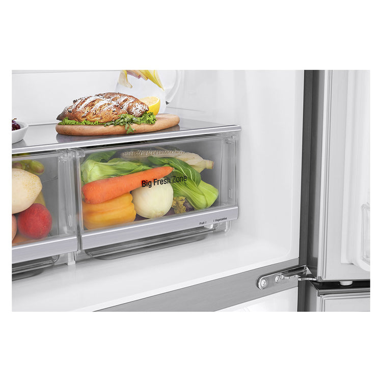 LG 506L Slim Stainless-Steel French Door Refrigerator GF-L570PL, Vegetable crisper drawer view, a view full of groceries