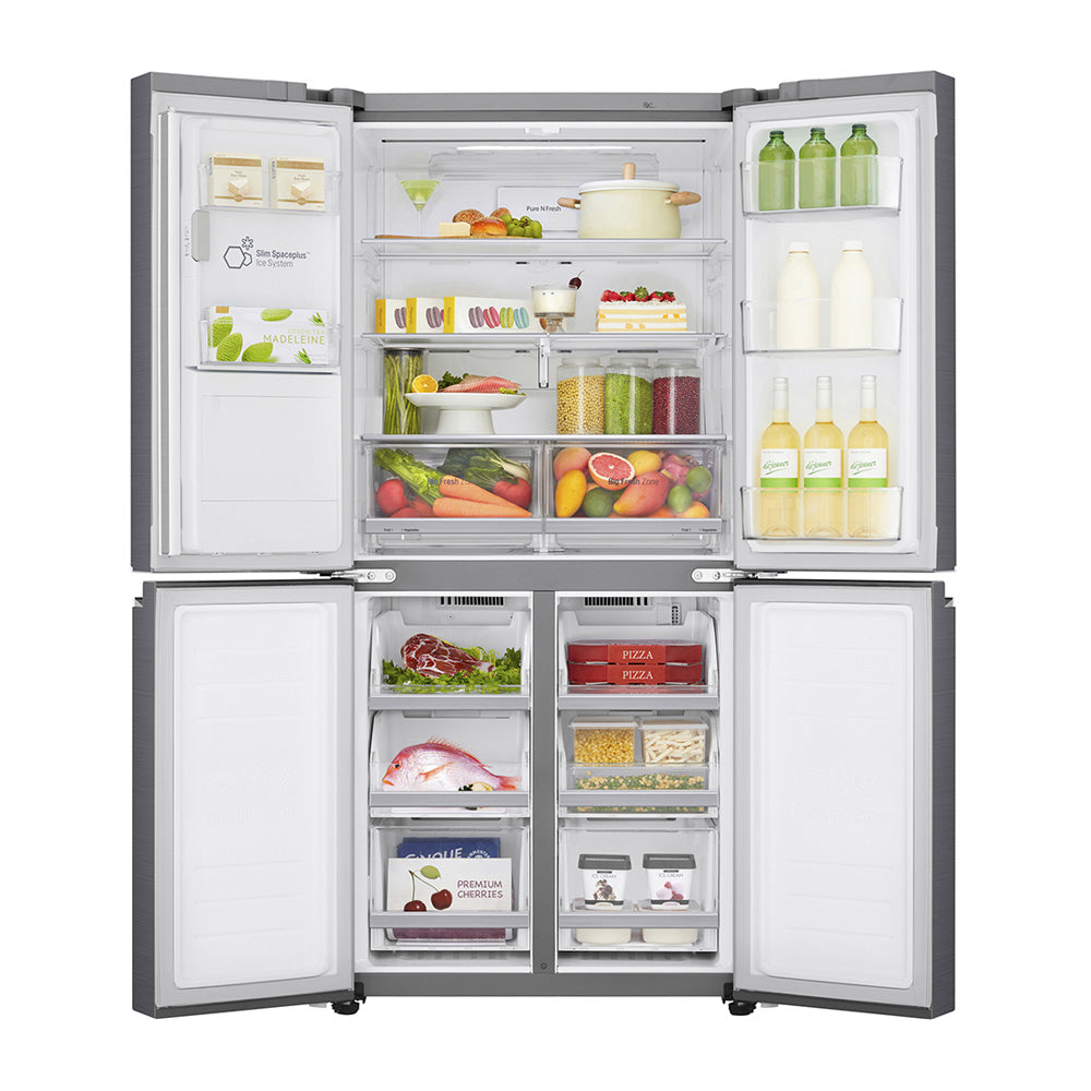 LG 506L Slim Stainless-Steel French Door Refrigerator GF-L570PL, Front view with open doors, a view full of groceries, food and bottles