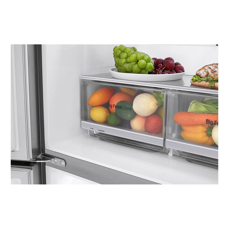 LG 506L Slim Stainless-Steel French Door Refrigerator GF-L570PL, Vegetable crisper drawer view full of fruits and vegetables