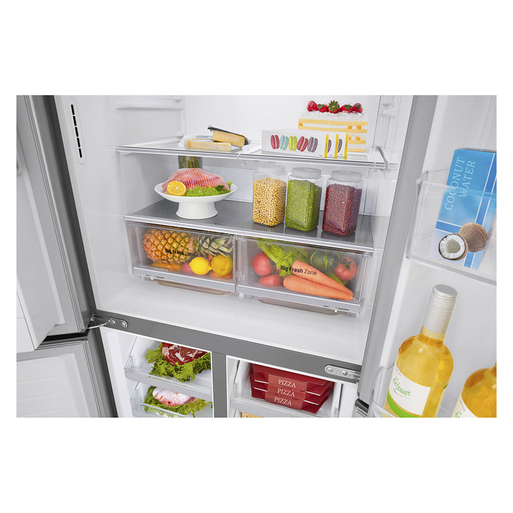 LG 506L Slim Stainless-Steel French Door Refrigerator GF-L570PL, Glass shelf and vegetable crisper drawer view, a view full of food items