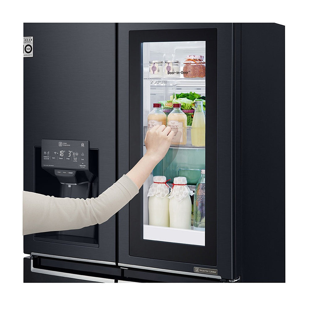 LG 508L InstaView French Door Fridge Matte Black Steel GF-V570MBL, Front glass door view 1