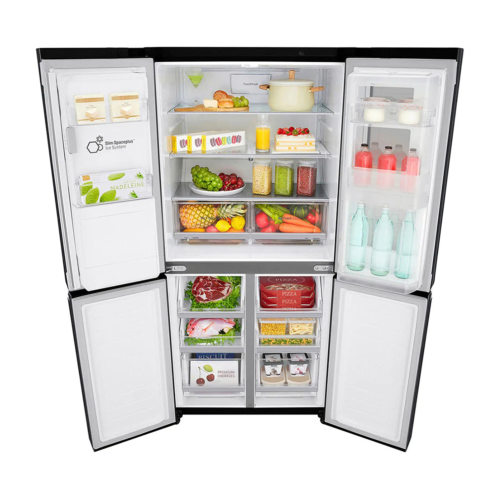 LG 508L InstaView French Door Fridge Matte Black Steel GF-V570MBL, Front top view with all doors open, a view full of food items, and bottles