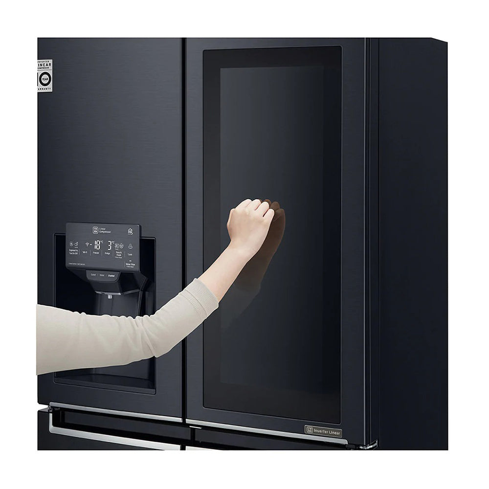 LG 508L InstaView French Door Fridge Matte Black Steel GF-V570MBL, Front glass door view