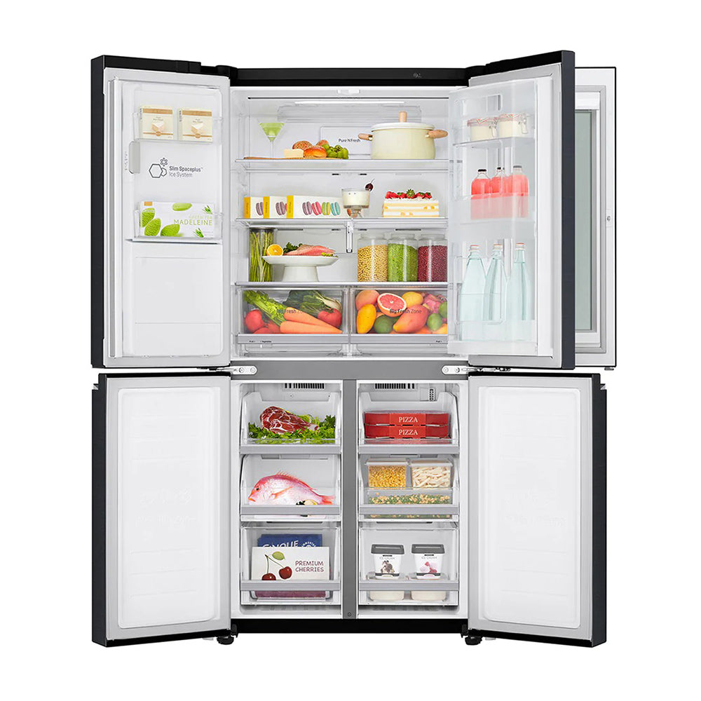 LG 508L InstaView French Door Fridge Matte Black Steel GF-V570MBL, Front view with all doors open, a view full of food items, and bottles