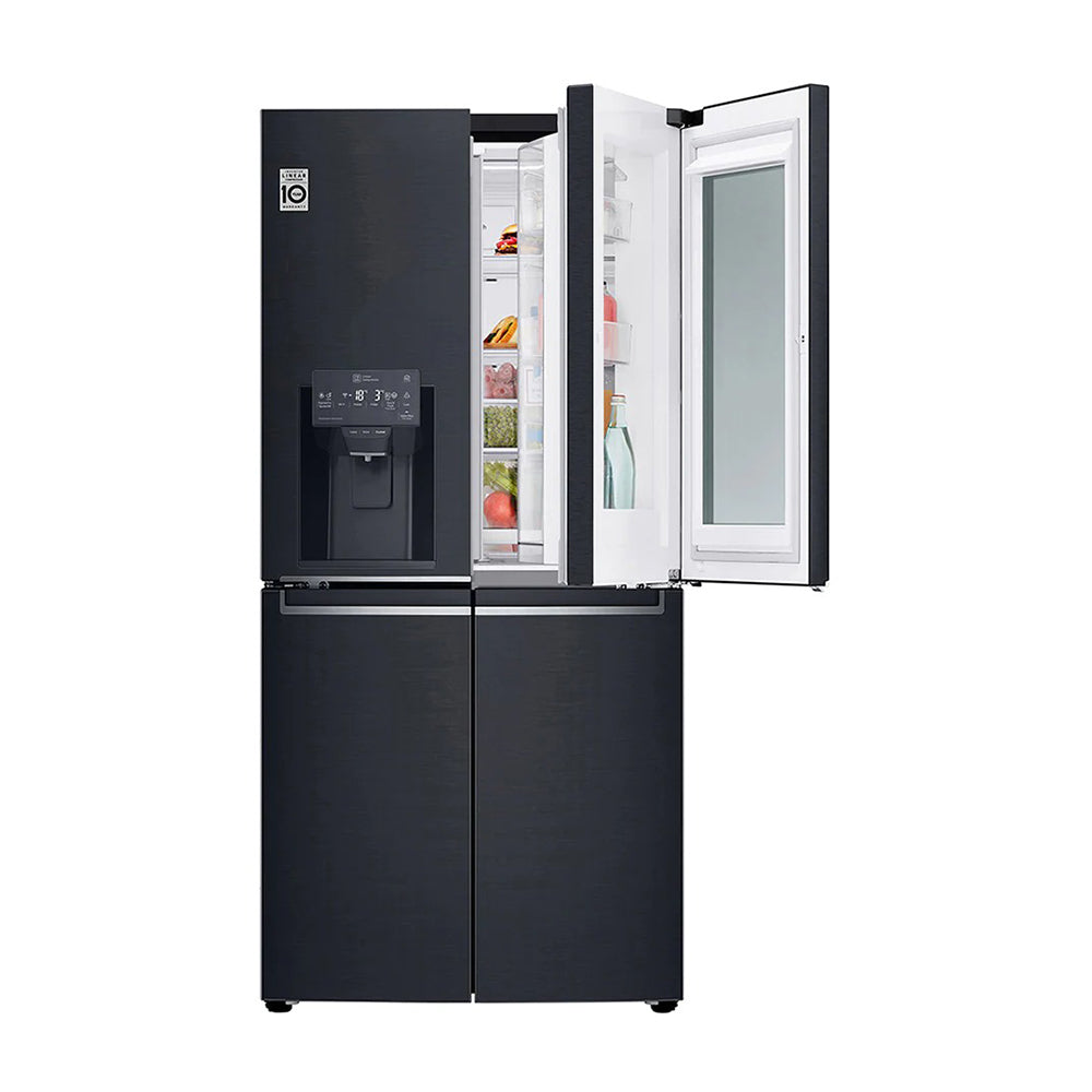 LG 508L InstaView French Door Fridge Matte Black Steel GF-V570MBL, Front view with single top door open view