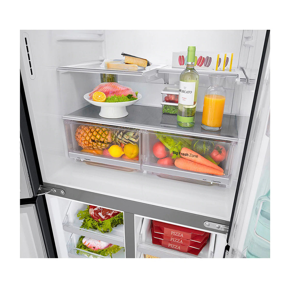 LG 508L InstaView French Door Fridge Matte Black Steel GF-V570MBL, Glass shelf and vegetable crisper drawer view 