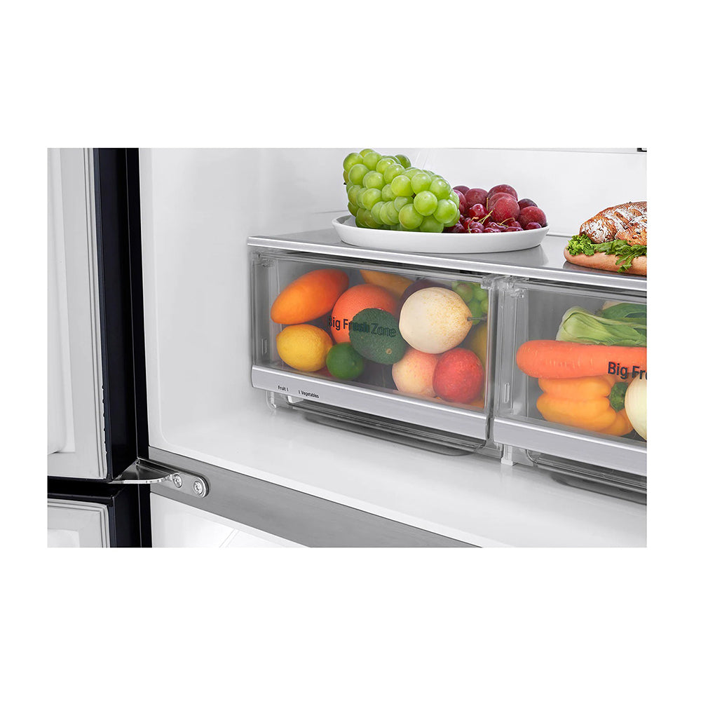 LG 508L InstaView French Door Fridge Matte Black Steel GF-V570MBL, Glass shelf and vegetable crisper drawer view 