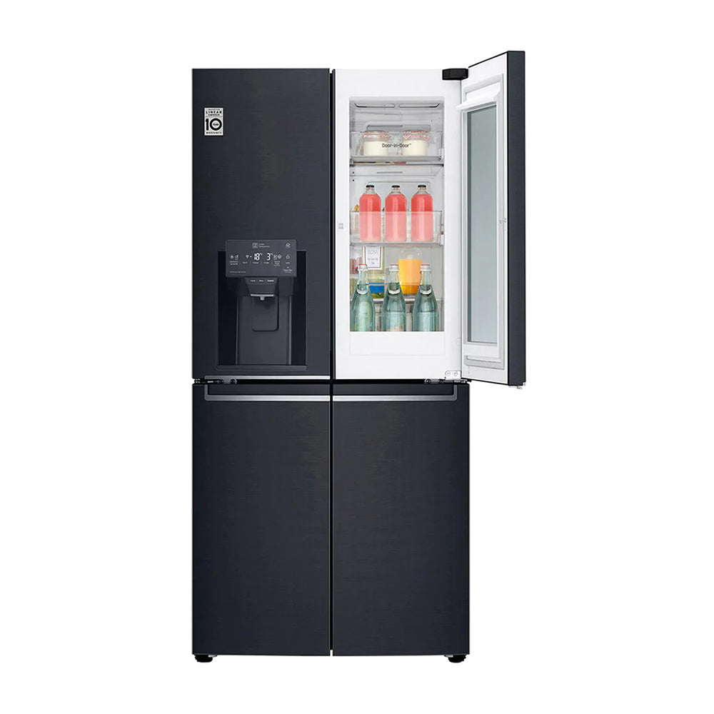 LG 508L InstaView French Door Fridge Matte Black Steel GF-V570MBL, Front view with single top door open view