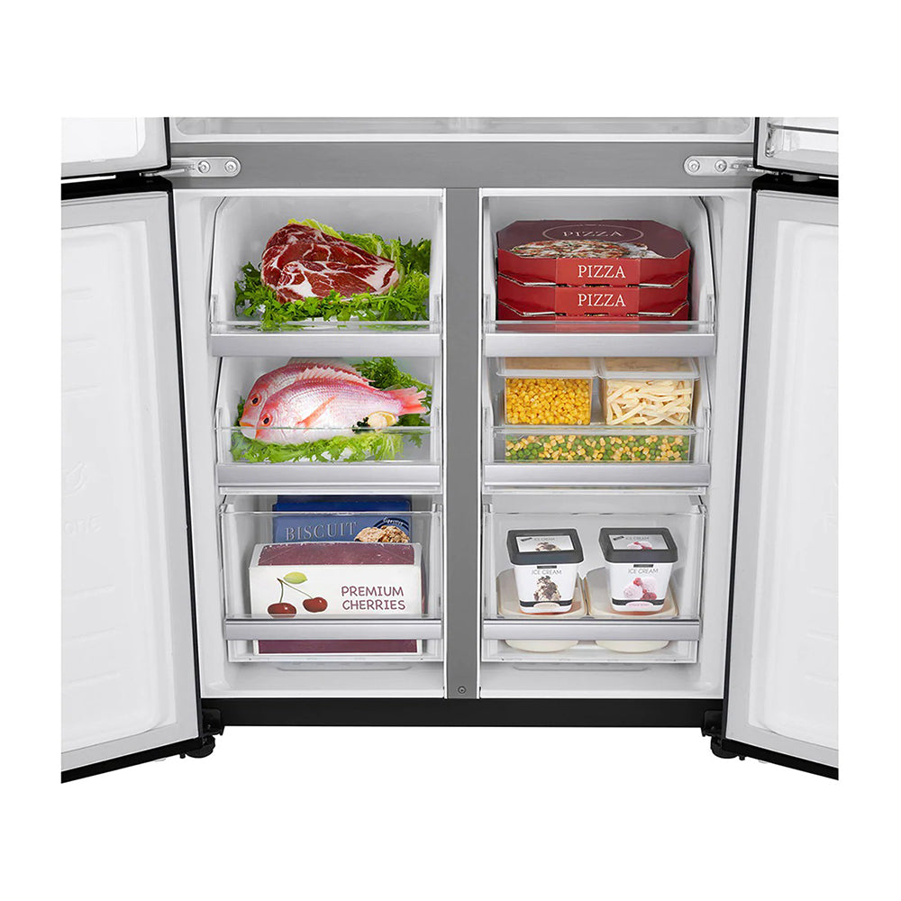 LG 508L InstaView French Door Fridge Matte Black Steel GF-V570MBL, Front view with bottom doors open