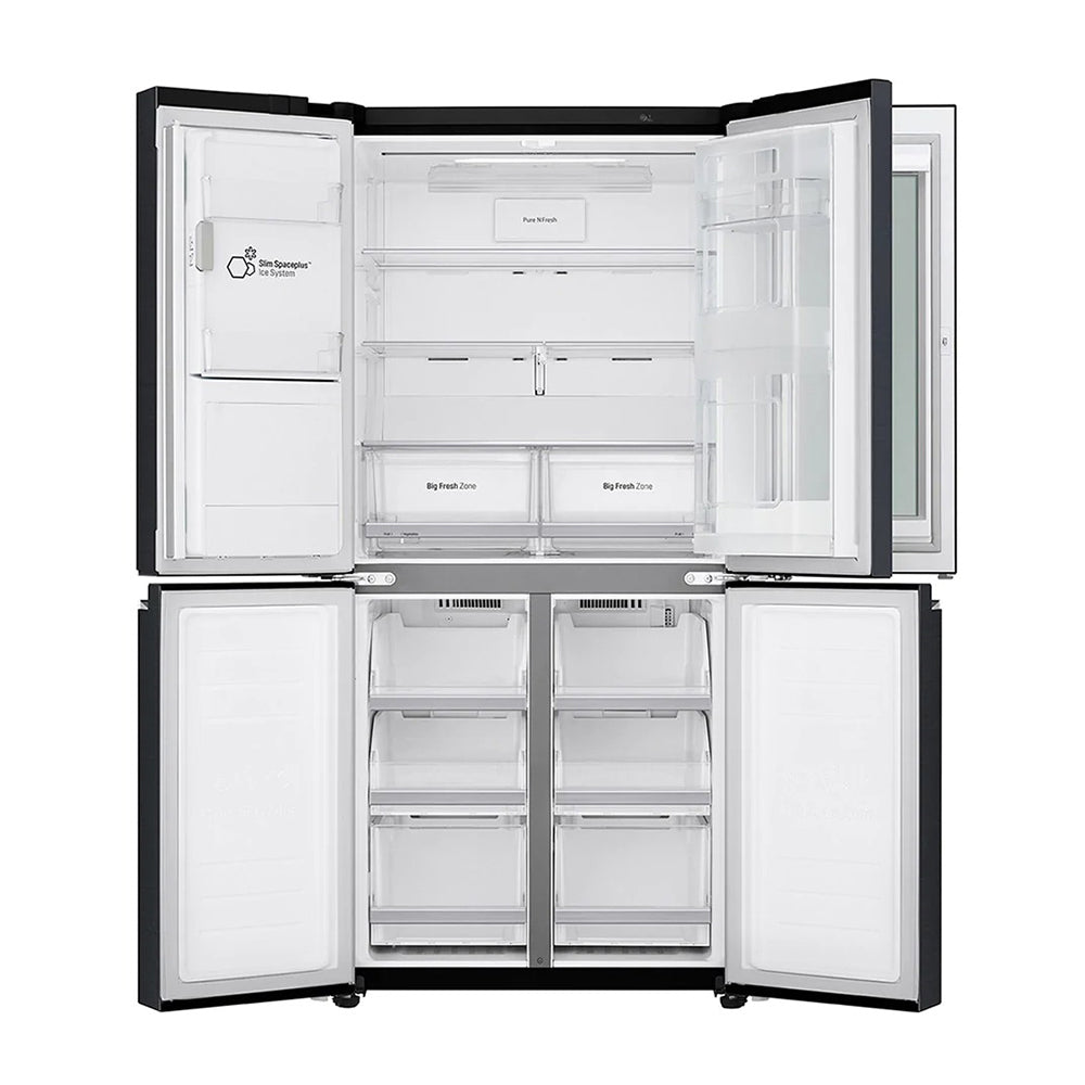 LG 508L InstaView French Door Fridge Matte Black Steel GF-V570MBL, Front view with all doors open 