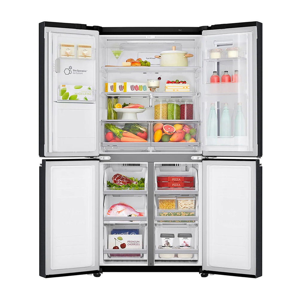 LG 508L InstaView French Door Fridge Matte Black Steel GF-V570MBL, Front view with all doors open, a view full of food items, and bottles