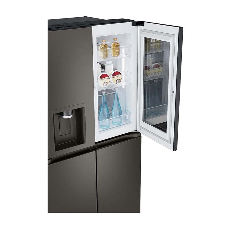 LG 642L InstaView French Door Fridge Black Steel GF-V700BSLC, Front right view with single top door open view