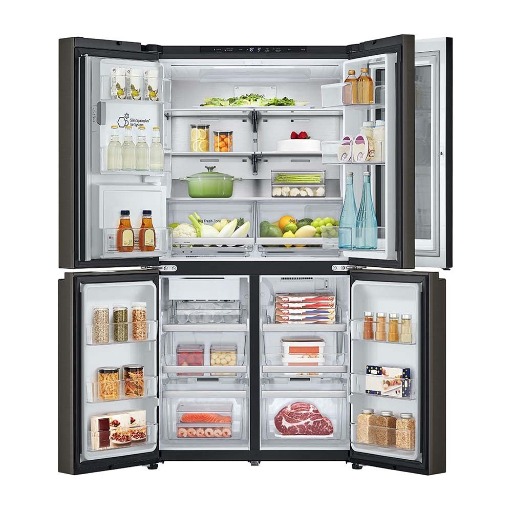 LG 642L InstaView French Door Fridge Black Steel GF-V700BSLC, Front view with all doors open, a view full of food items, and bottles