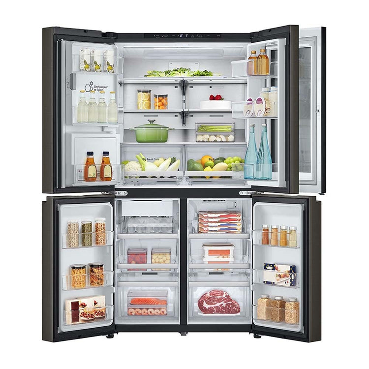 LG 642L InstaView French Door Fridge Black Steel GF-V700BSLC, Front view with all doors open, a view full of food items, and bottles