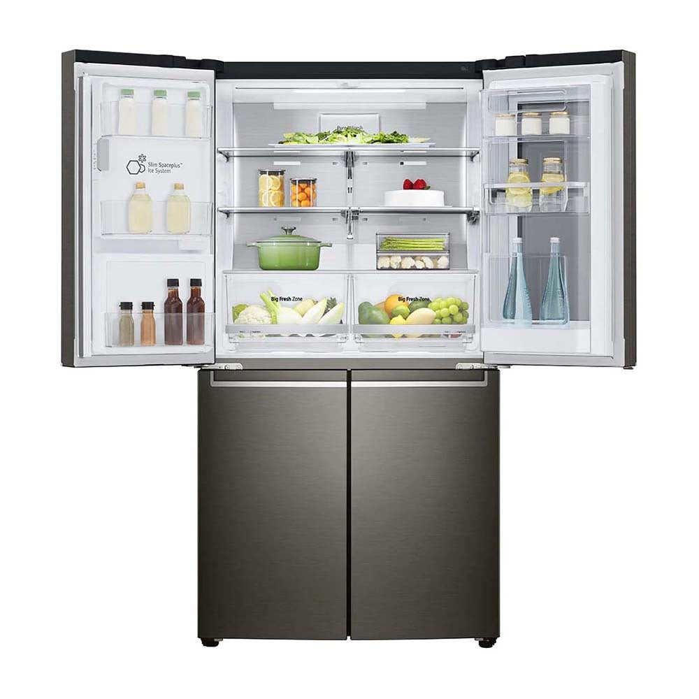 LG 637L InstaView French Door Fridge Black Steel GF-V706BSL, Front view with top doors open, a view full of food items, and bottles