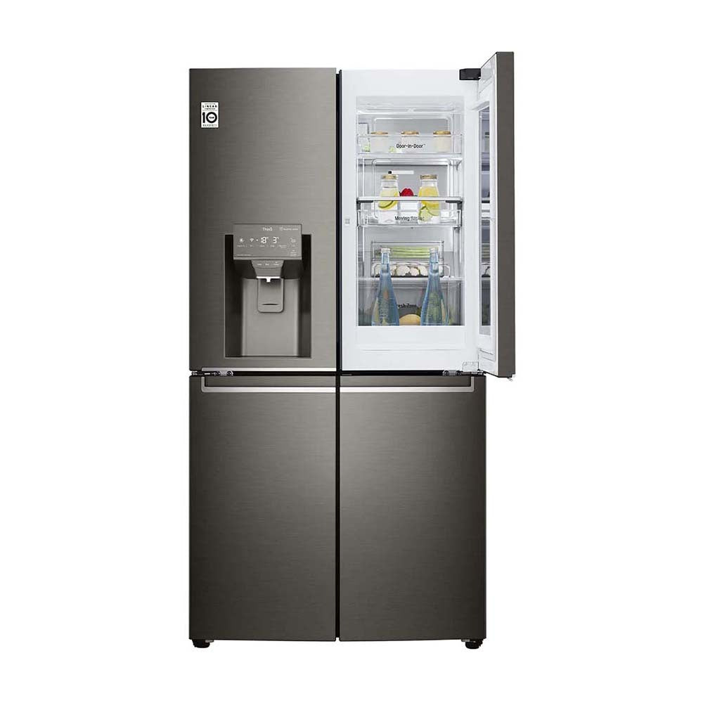 LG 637L InstaView French Door Fridge Black Steel GF-V706BSL, Front view with top single door open full of food items and bottle