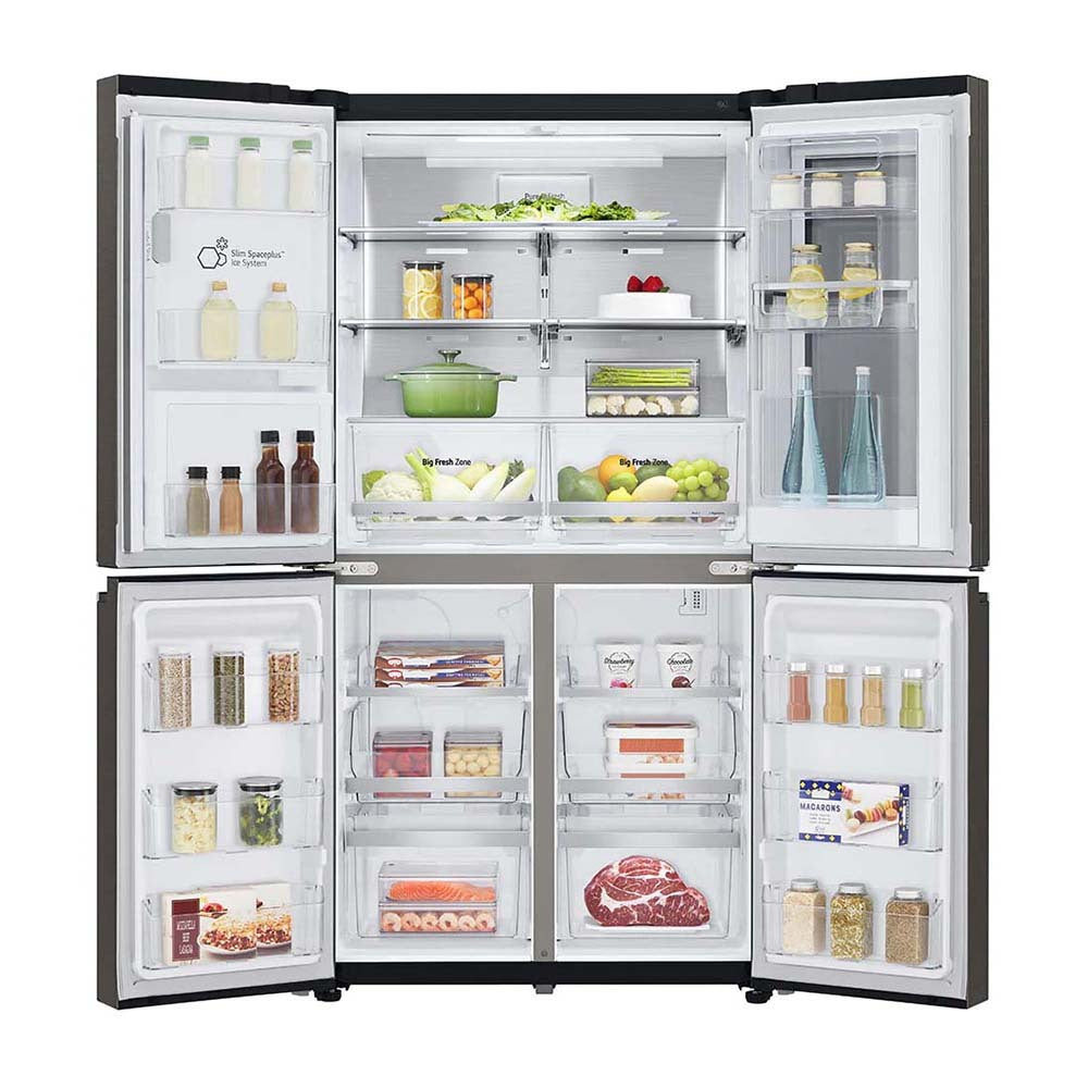 LG 637L InstaView French Door Fridge Black Steel GF-V706BSL, Front view with open doors, a view full of food items, and bottles