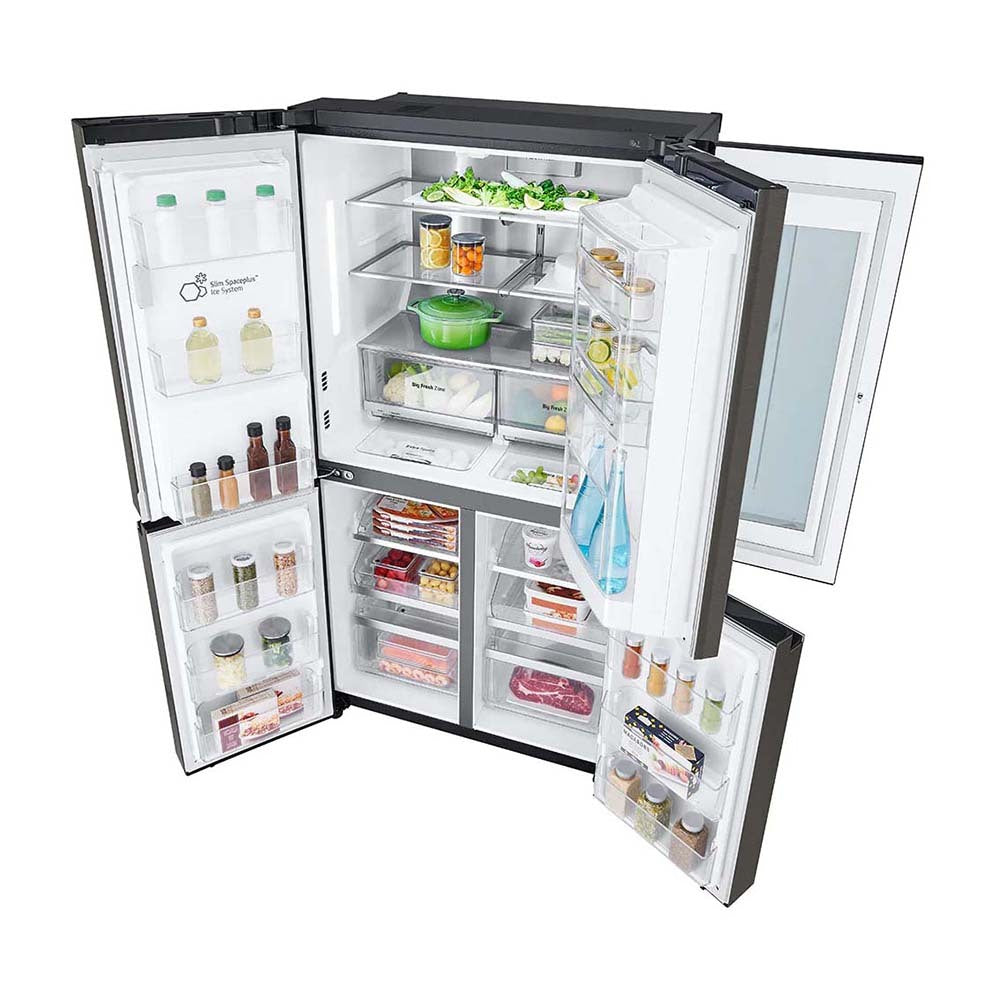 LG 637L InstaView French Door Fridge Black Steel GF-V706BSL, Front top left view with doors open, a view full of food items, and bottles