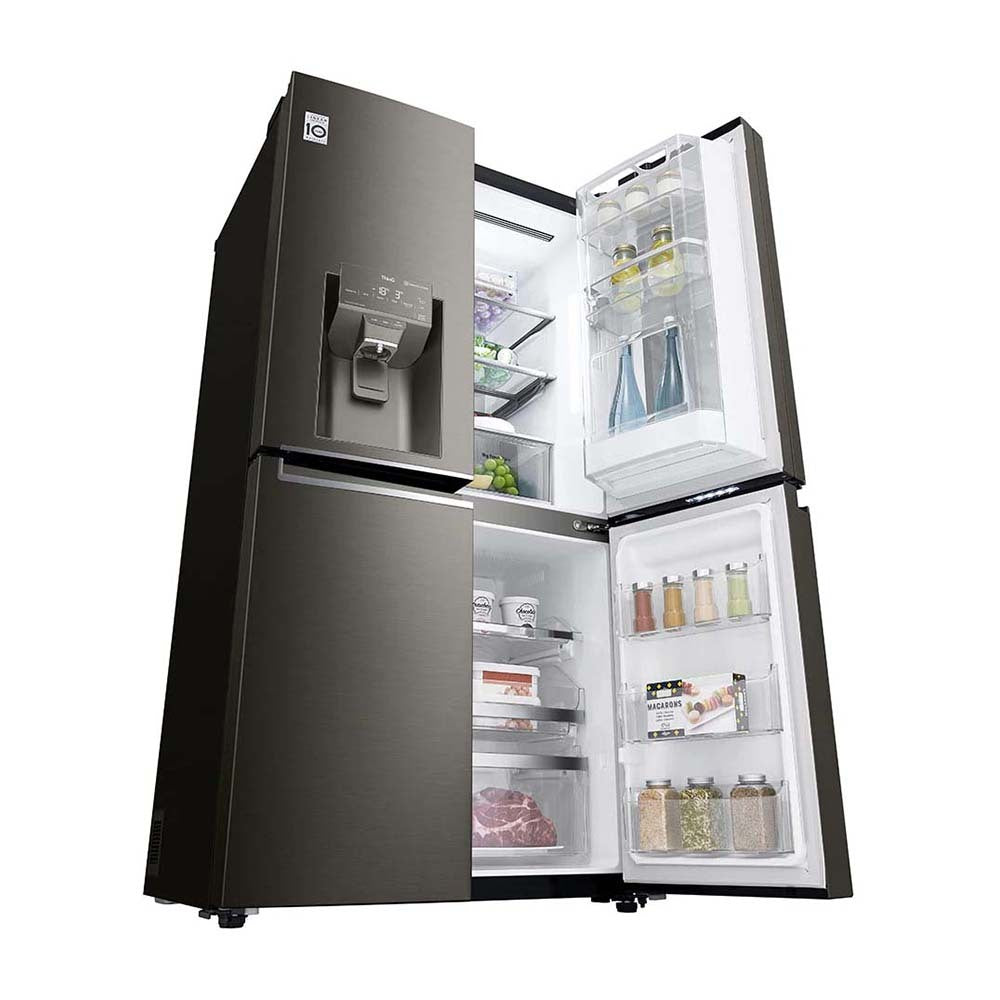 LG 637L InstaView French Door Fridge Black Steel GF-V706BSL, Front right view Door shelf view, a view full of bottles and jars