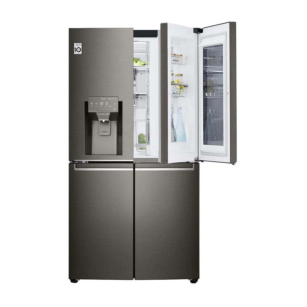 LG 637L InstaView French Door Fridge Black Steel GF-V706BSL, Front view with top single door open