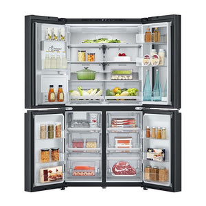 LG 847L InstaView French Door Fridge Matte Black Steel GF-V900MBLC, Front view with open doors, a view full of groceries, food and bottles