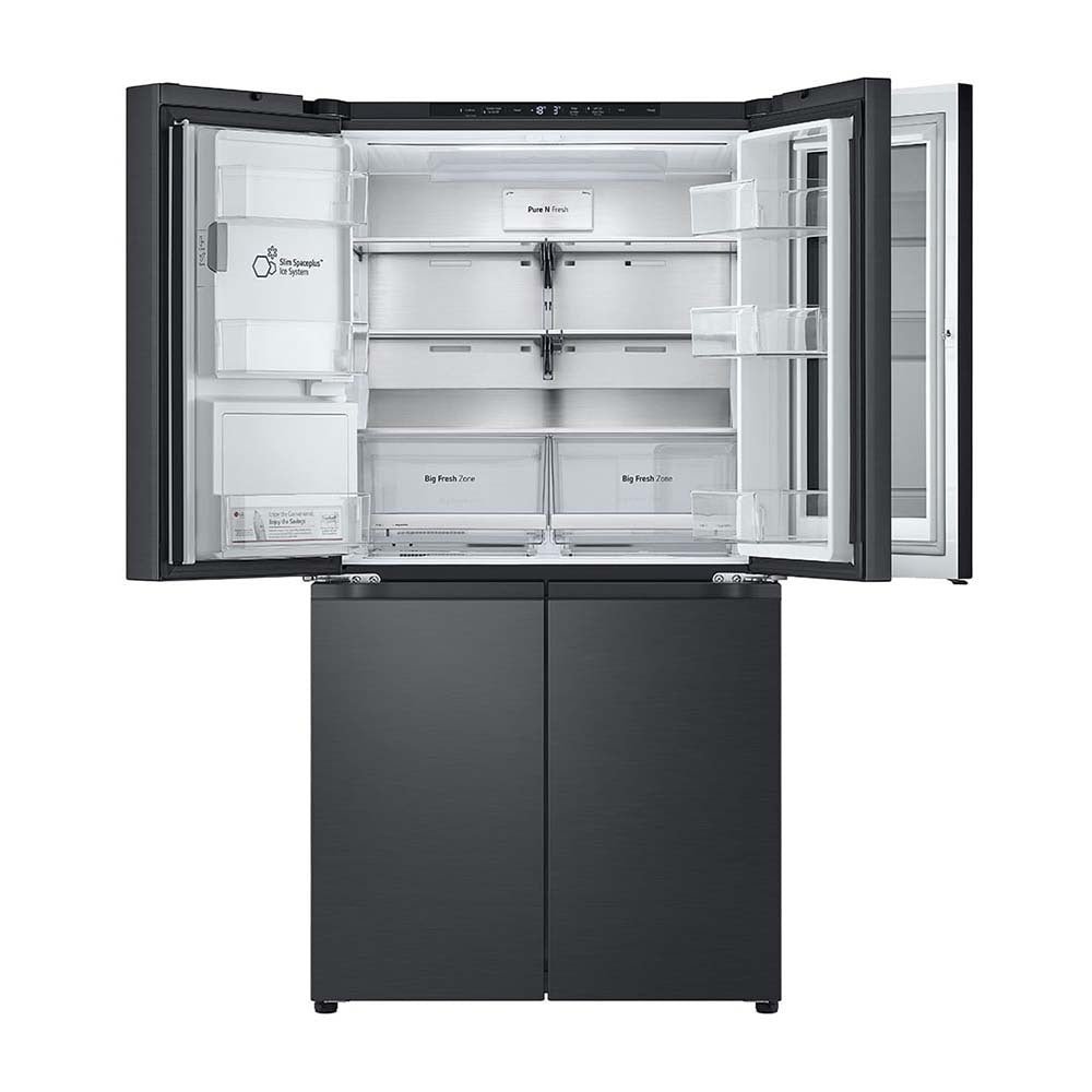 LG 847L InstaView French Door Fridge Matte Black Steel GF-V900MBLC, Front view with top 2 open doors