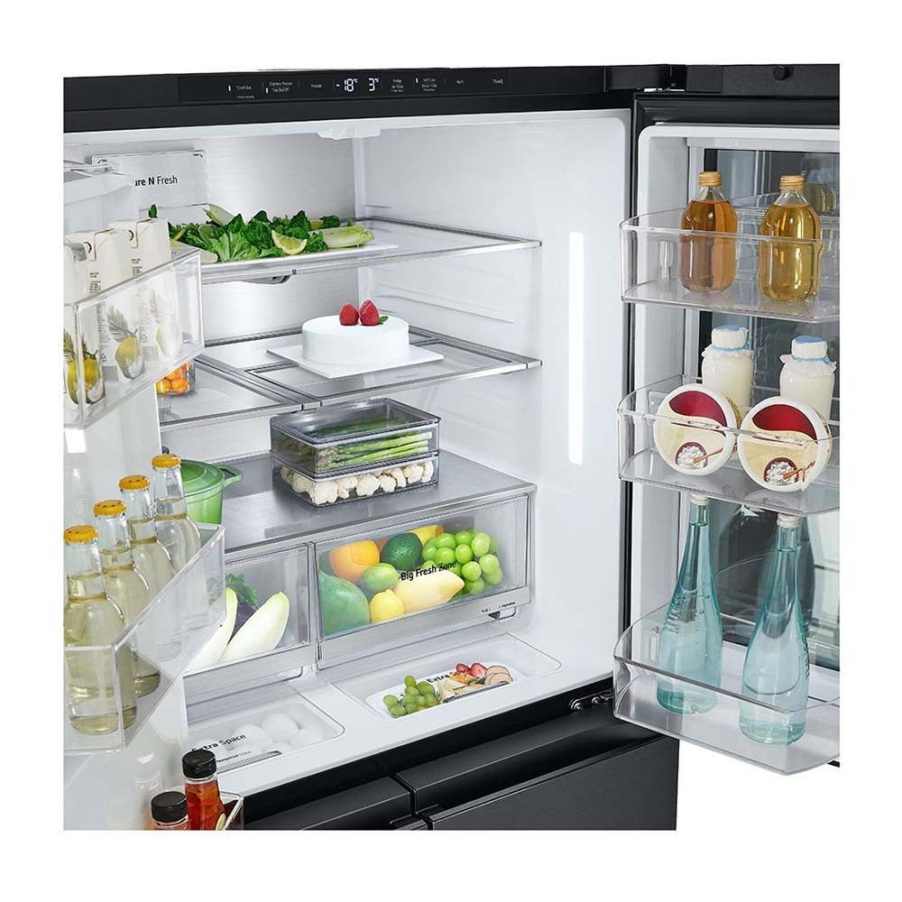 LG 847L InstaView French Door Fridge Matte Black Steel GF-V900MBLC, Glass shelf and vegetable crisper drawer view, full of groceries and bottles