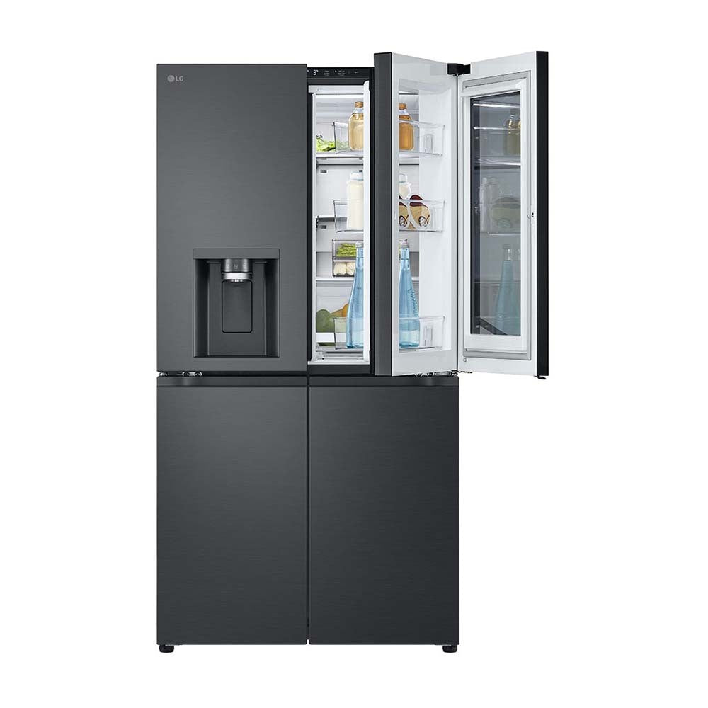 LG 847L InstaView French Door Fridge Matte Black Steel GF-V900MBLC, Front view with top single door open, full of bottles and groceries