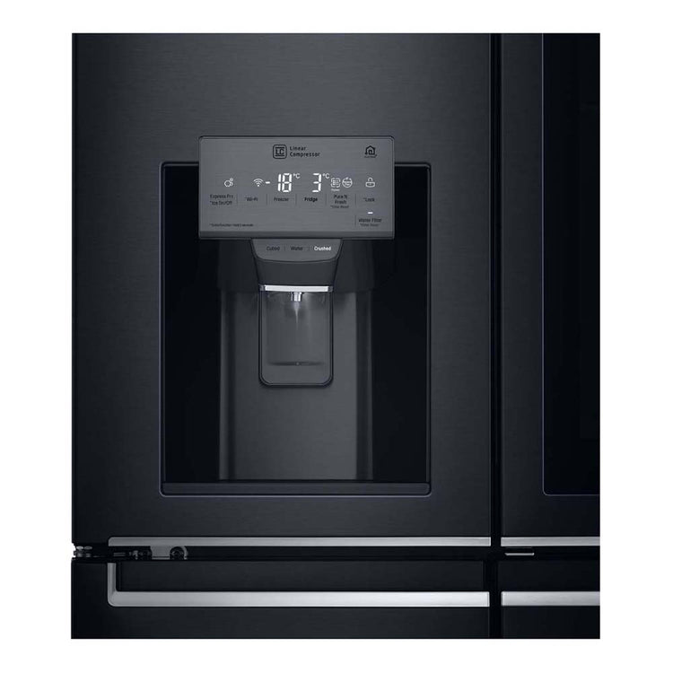 LG 852L InstaView French Door Fridge Matte Black GF-V910MBL, Water dispenser view