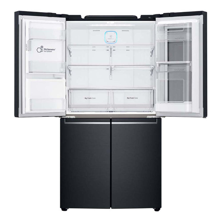 LG 852L InstaView French Door Fridge Matte Black GF-V910MBL, Front view with top both doors open