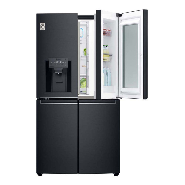 LG 852L InstaView French Door Fridge Matte Black GF-V910MBL, Front view with top single door open, a view full of food items, and bottles