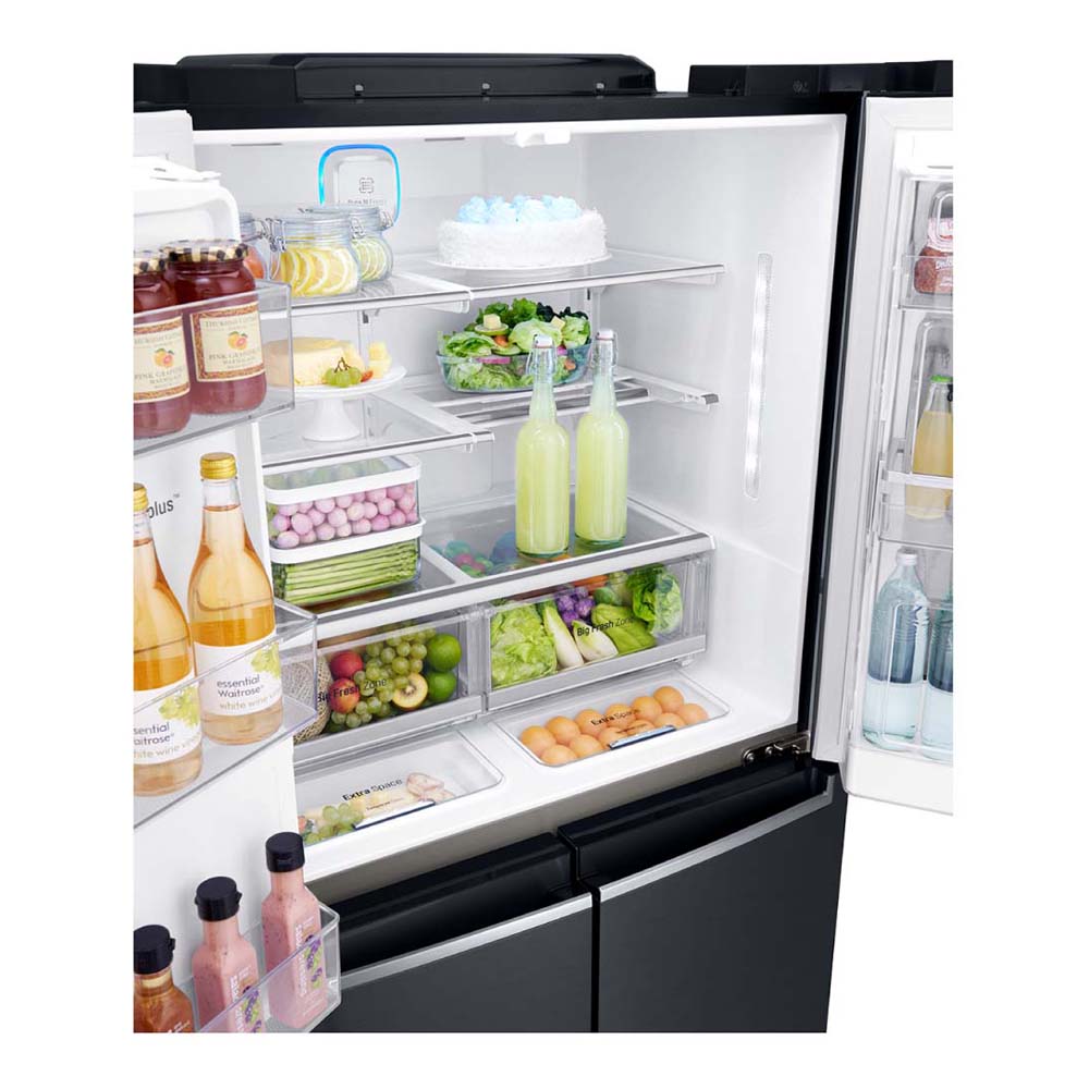 LG 852L InstaView French Door Fridge Matte Black GF-V910MBL, Glass shelf and vegetable crisper drawer view 