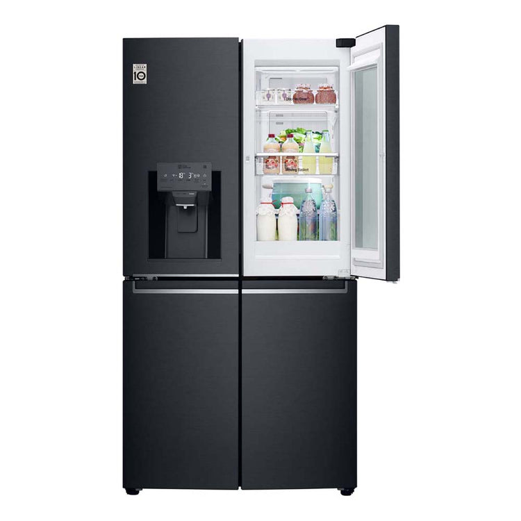 LG 852L InstaView French Door Fridge Matte Black GF-V910MBL, Front view with top single door open, a view full of food items, and bottles