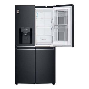 LG 852L InstaView French Door Fridge Matte Black GF-V910MBL, Front view with top single door open