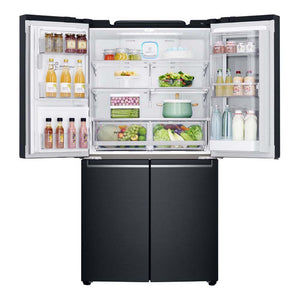 LG 852L InstaView French Door Fridge Matte Black GF-V910MBL, Front view with top both doors open, a view full of food items, and bottles