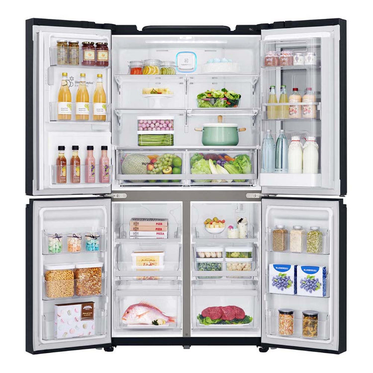 LG 852L InstaView French Door Fridge Matte Black GF-V910MBL, Front view with doors open, a view full of food items, and bottles