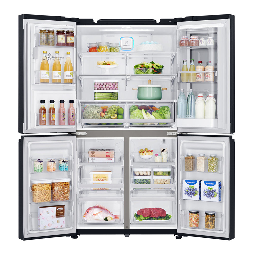 LG 910L InstaView French Door Fridge GF-V910MBSL, Front view with open doors, a view full of food items, and bottles