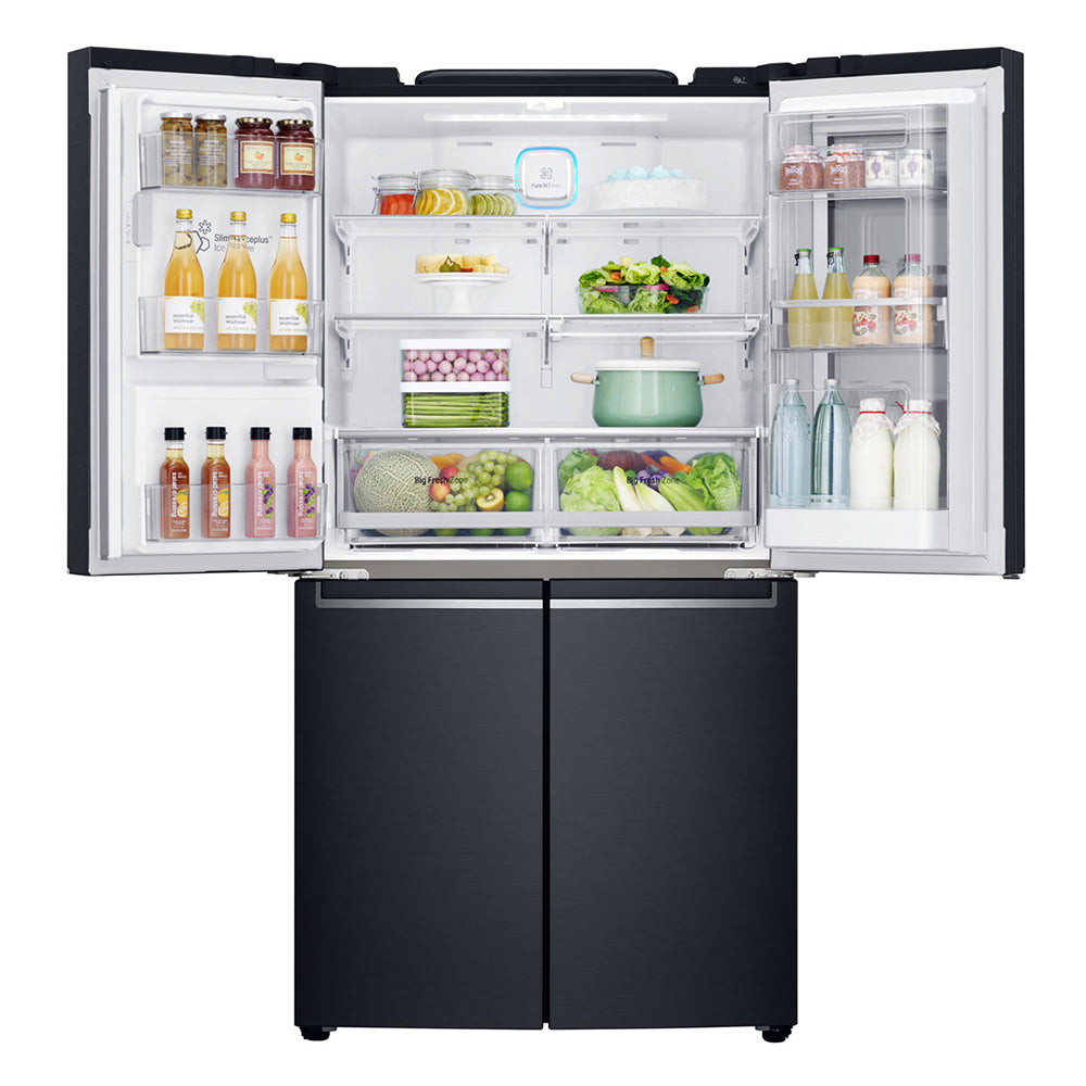 LG 910L InstaView French Door Fridge GF-V910MBSL, Front top open full of food items and bottles