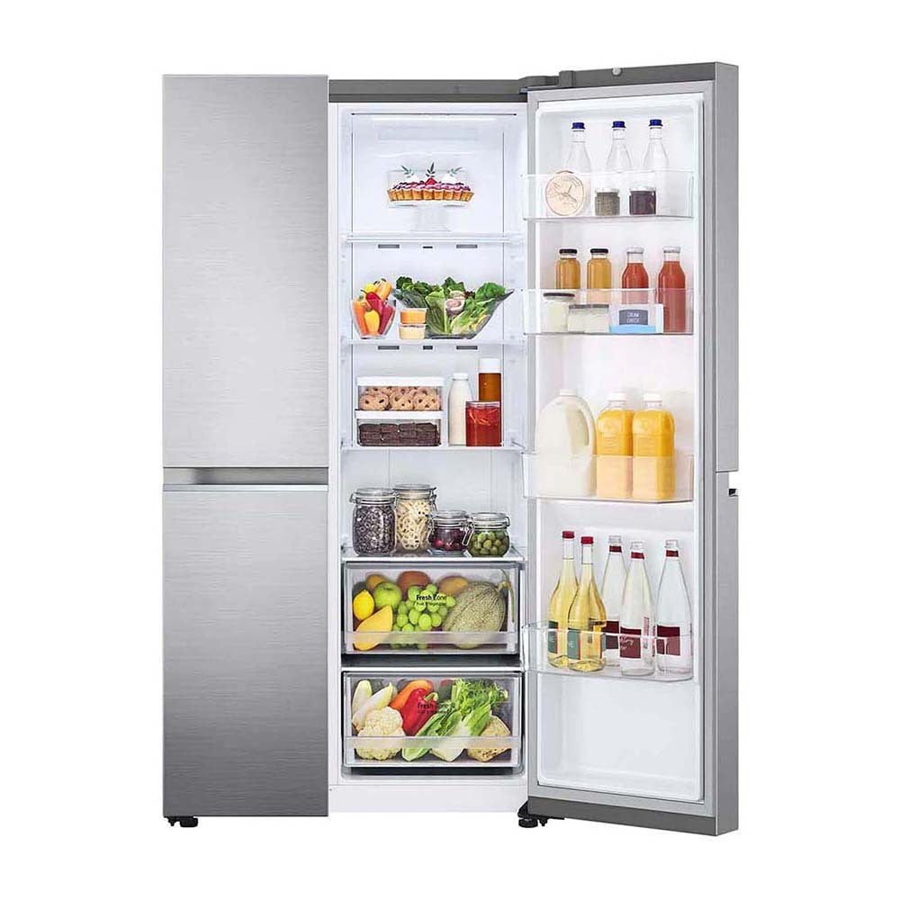 LG 655L Side By Side Fridge Stainless Steel GS-B655PL, Front view with doors open, a view full of food items and bottles