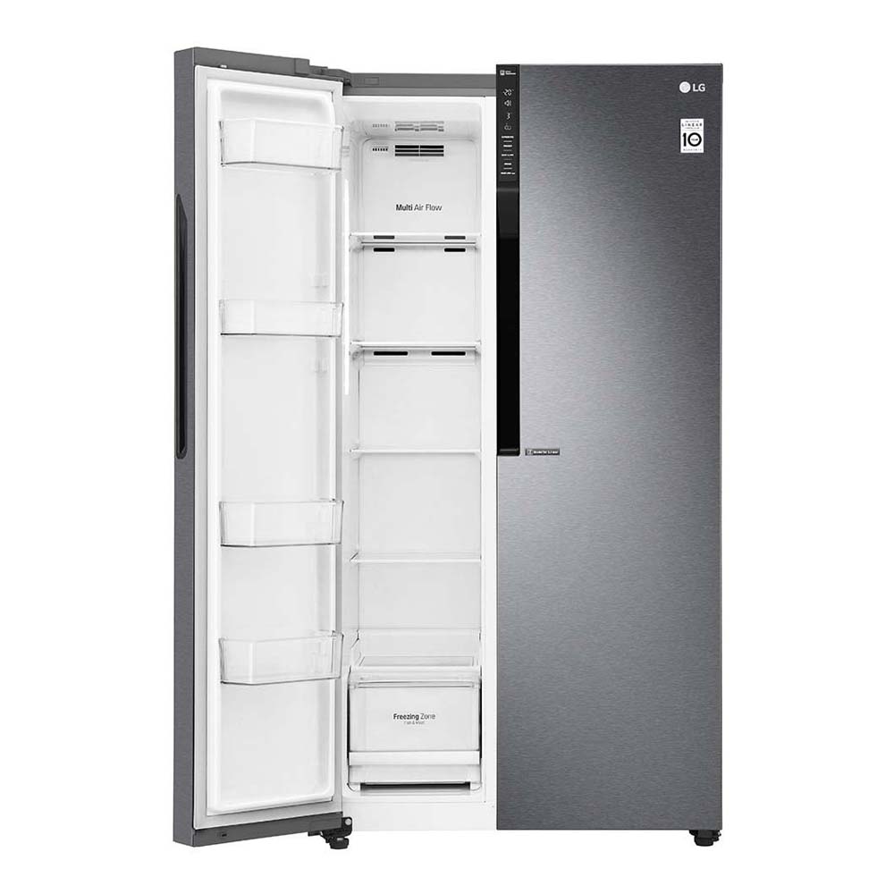 LG 679L Side By Side Fridge Dark Graphite GS-B680DSLE, Front view with open door