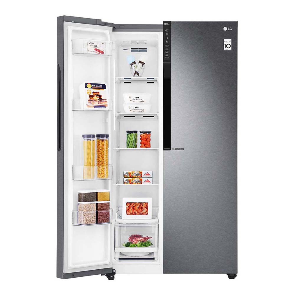 LG 679L Side By Side Fridge Dark Graphite GS-B680DSLE, Front view with open doors, a view full of food items, and bottles